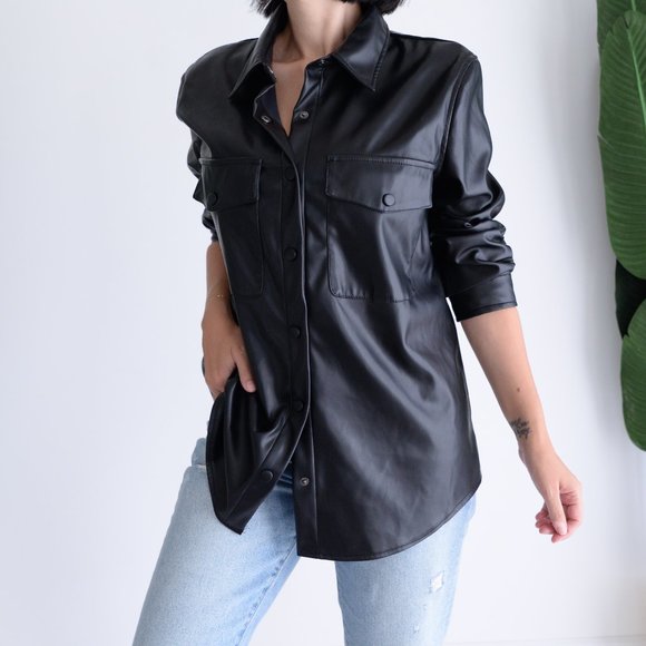 Laundry By Shelli Segal Black Faux Leather Button Shacket Jacket Size Large - Picture 3 of 16